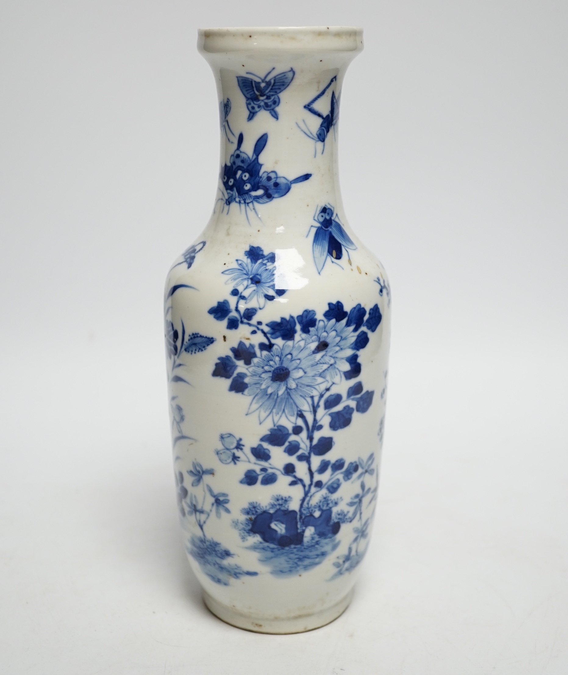 A late 19th century Chinese blue and white vase decorated with flowers and bugs, 25cm high
